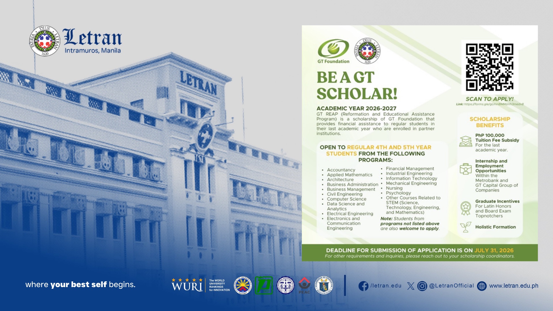 Letran Becomes Official GT Foundation Partner, Expanding Scholarship and Career Opportunities for Graduating Letranites